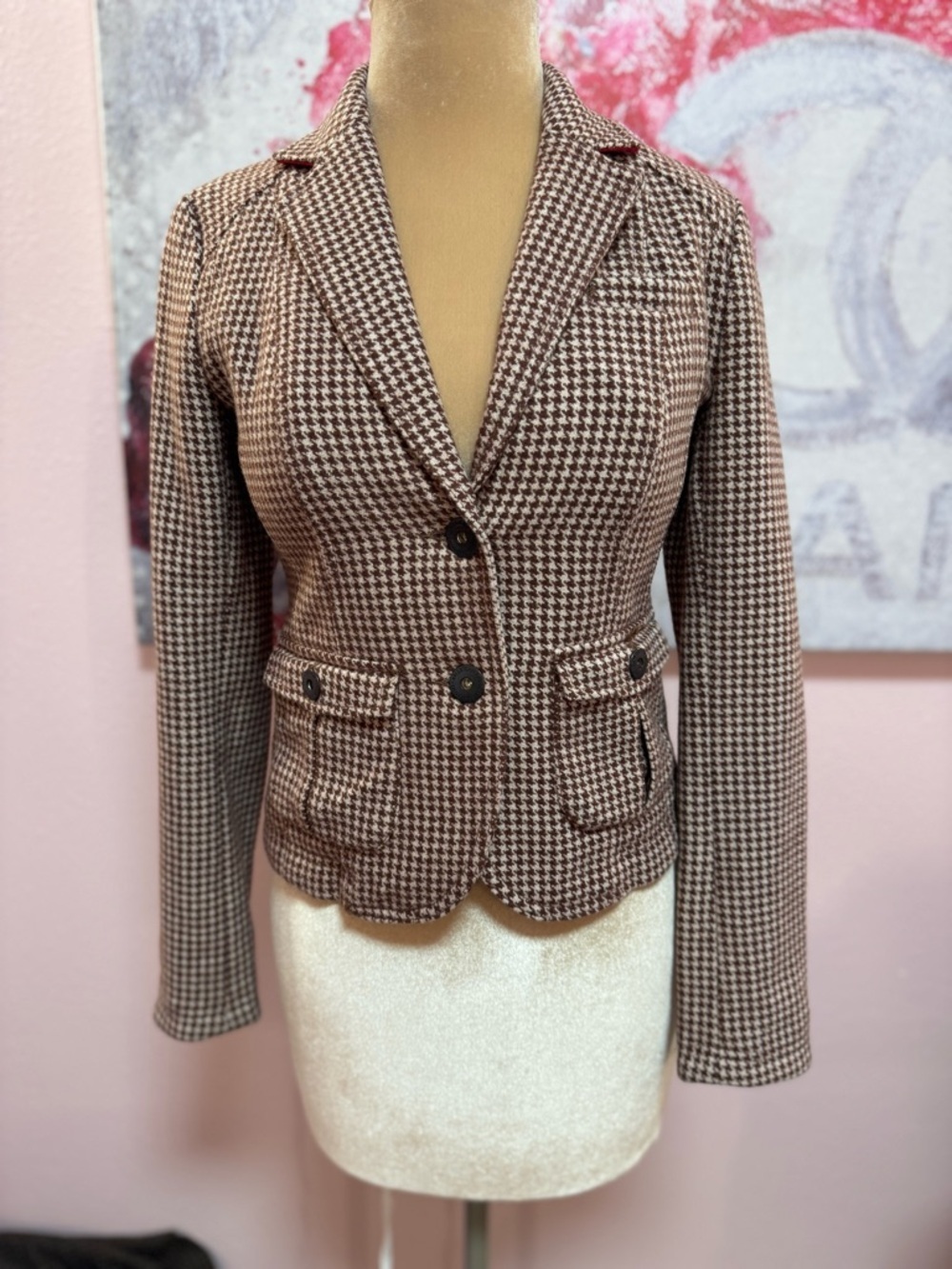 American Eagle Outfitters Y2k Brown Houndstooth Fitted Blazer